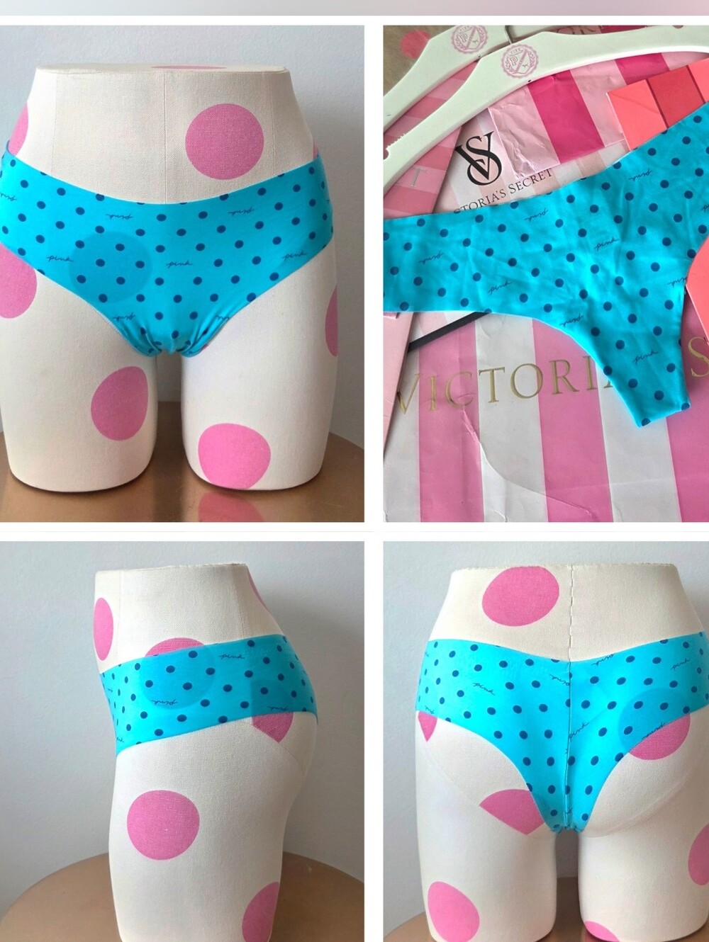Victoria's Secret PINK Turquoise Blue Polka Dot Thong Panty NWT Seamless Retired